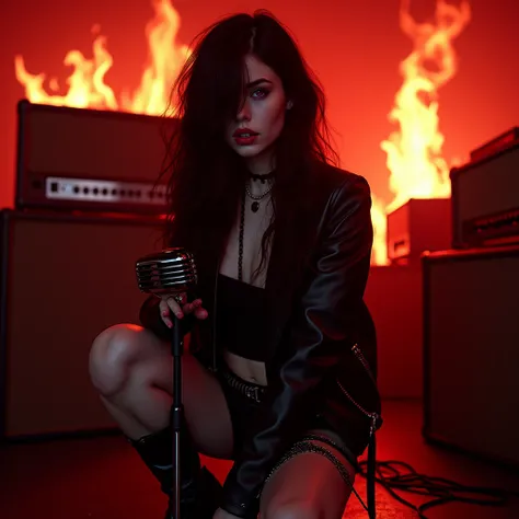 pale skinned woman,  long black hair and red lips , purple eyes, a black leather top,  with a fallen black leather rocker-style jacket and leather shorts with chains .  In a burning room with red neon lighting and amplifiers burning in large flames. posing...