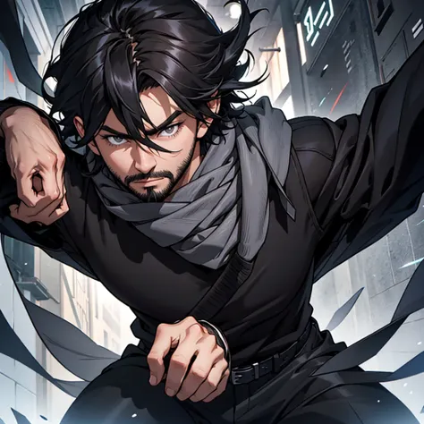 [Shota Aizawa, tone, mature: 1.5] [black hair, shoulder length hair, grey eyes, light facial hair] [black long sleeve sweater, black pants, grey scarf] [night time] [detail eyes, detail face, detail hand] [alone, training area] [close up, center frame]