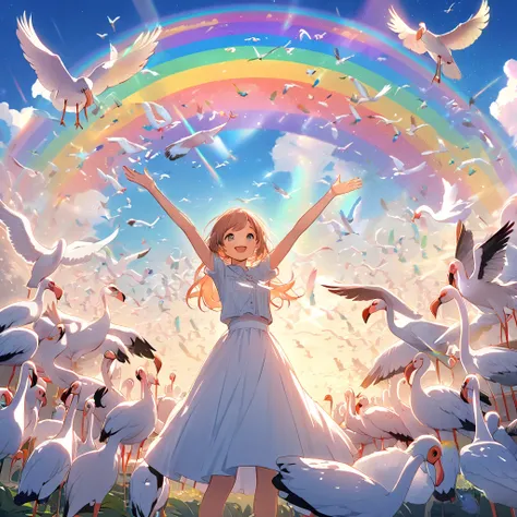 A girl surrounded by pigeons, ladybugs, owls, storks, flamingos, and peacocks,Smiling girl raising her hands to the sky ,(Big rainbow in the sky:1.3), Dynamic angles 