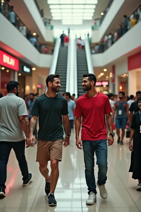 A realistic image of Lionel Messi and Cristiano Ronaldo shopping together at Lulu Mall in Kochi, Kerala. They are casually dressed, enjoying a relaxed day out, browsing stores, and chatting with each other. The bustling atmosphere of the mall, with people ...