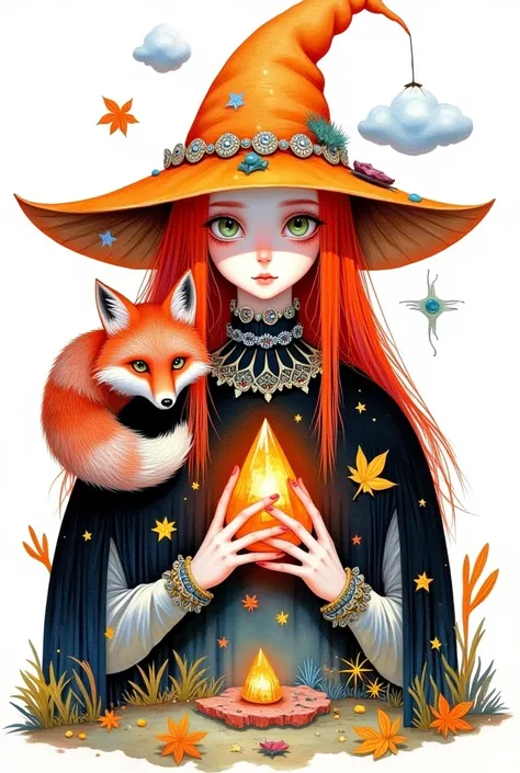 young woman, red fox on the shoulder,  orange crystal ,  open green eyes,  orange witch hat , crystals in hands ,  jewelry , autumn leaves, long hair, compose,  red hair,Painting (medium), green shirt, signature ,simple background,One, A star  (sky), A sta...