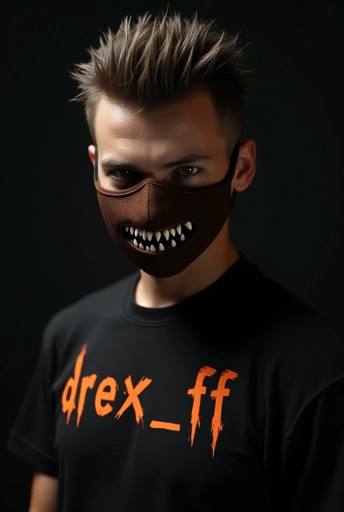 A character with short hair
 Pointed side hairstyle with a brown mask with teeth in the middle and chest of the written command "drex_ff". 