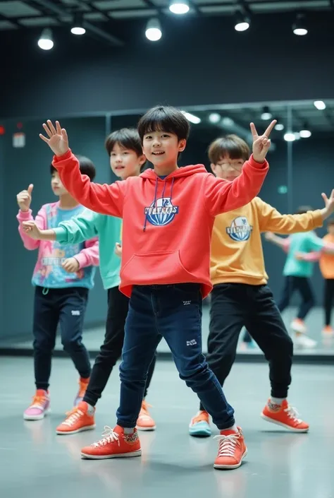 Un groupe de K-pop de 4 garçon. Ils sont dans lordre de 11 ans, 10 ans, 9 ans, 8 ans. Ils sentrainent dans une salle de danse, répêtant les chorégraphies de leurs groupe