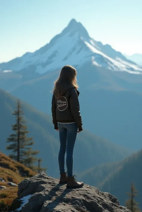 A beautiful girl is standing on the top of a mountain from behind wearing tight jeans and a jacket that says "when i fall down" Write without spelling mistakes 