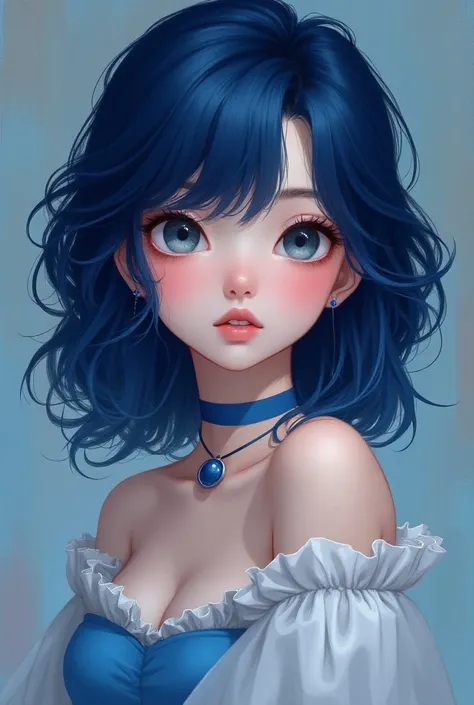  Create image of a 19-year-old girl with navy blue hair, gray eyes, with blue and white clothes and fair skin 