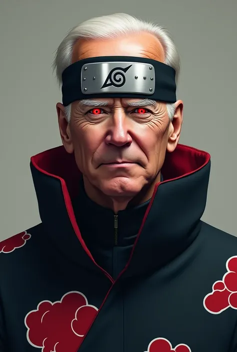 Make an image of Joe Biden wearing the same clothes as Itachi Uchiha from the Naruto anime and in his eyes in the shape of the sharingan of the Uchiha clan, Remove red spots on the face