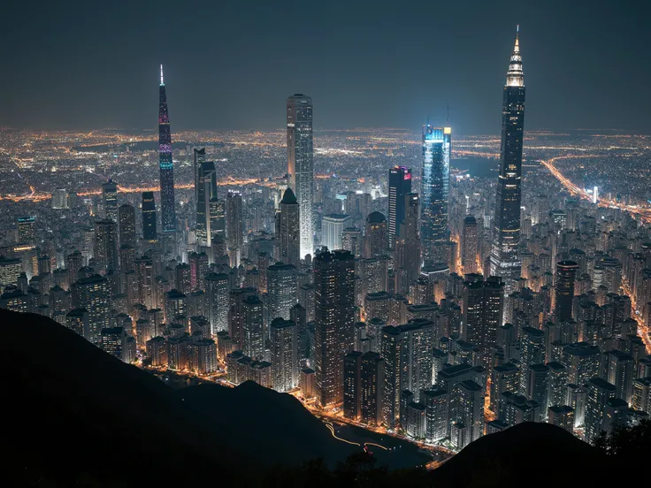 Distant view of a very large beautiful futuristic city.  Tall and large buildings are everywhere. Hundreds of tall and large buildings. Thousands have smaller short buildings. Picture must be realistic and beautiful.  Scene must be taken during the night. ...