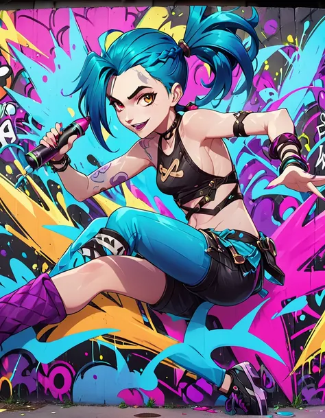 graffiti mural of jinx from league of legends, vibrant colors, dynamic pose, spray paint textures, doodle art style, highly detailed, vivid, hyper detailed, 4k