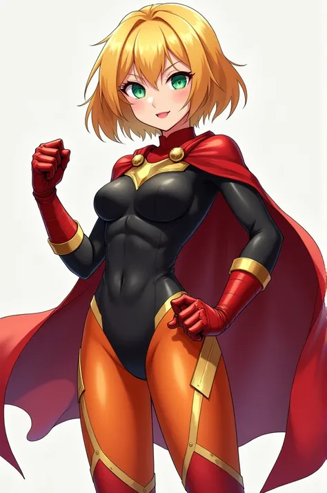  Make an image of a girl with short blonde hair with the same as her Freya, Her eyes are emerald green., pink lips, Confident gaze,  her clothes are like those of a superhero ,  has a red cape ,  a black oberol in shorts , orange tights ,  she has gloves l...