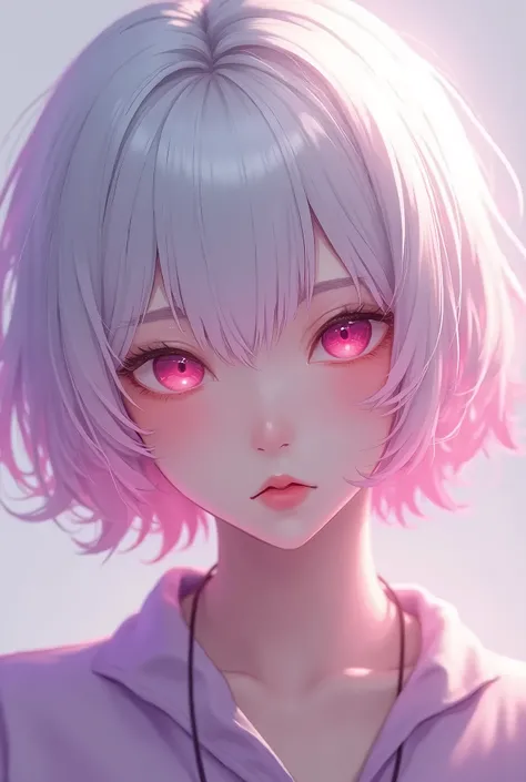 One of the white skin. Your hair is short with a slightly different length on side, her hair is white with very dark pink and dark purple highlights, your face is a little round like korean, your eyes are pink, anime girl, ulzzang,