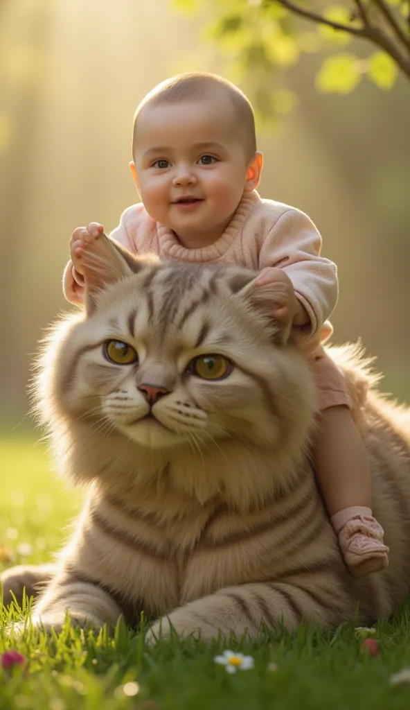 beautiful baby riding on a beautiful big and very cute cat