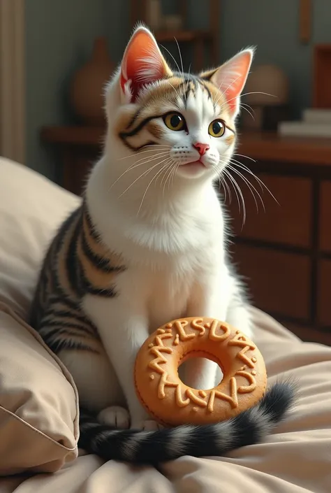 You will create a white cat with Black , Greys and Browns and the spots will look like striped ones: you will find yourself sitting with your tail on your side and on it a cookie in the shape of a Donut with the letters DN engraved on it in capital letters...