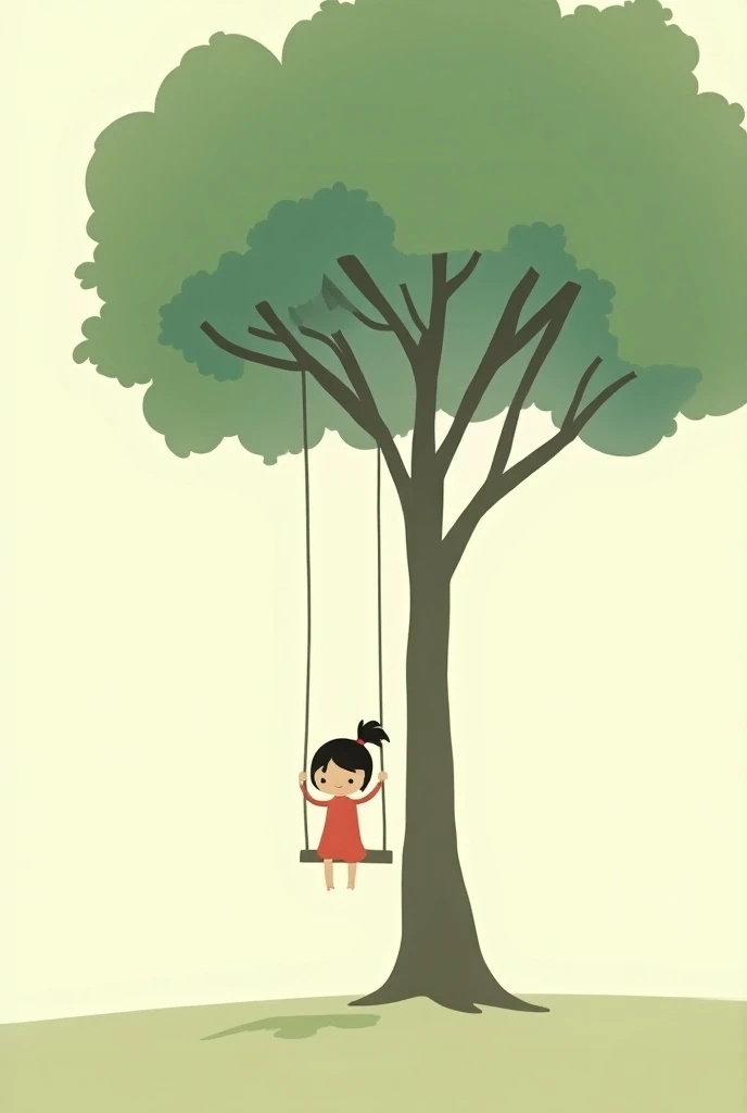 a big tree. A girl is swinging under it Minimalist cartoon.