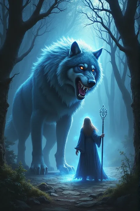 Sorceress and Direwolf: "Create a digital artwork showing a powerful sorceress facing off against a massive direwolf in an enchanted forest. The sorceress, dressed in flowing robes adorned with mystical runes, raises her staff to conjure magic while the wo...