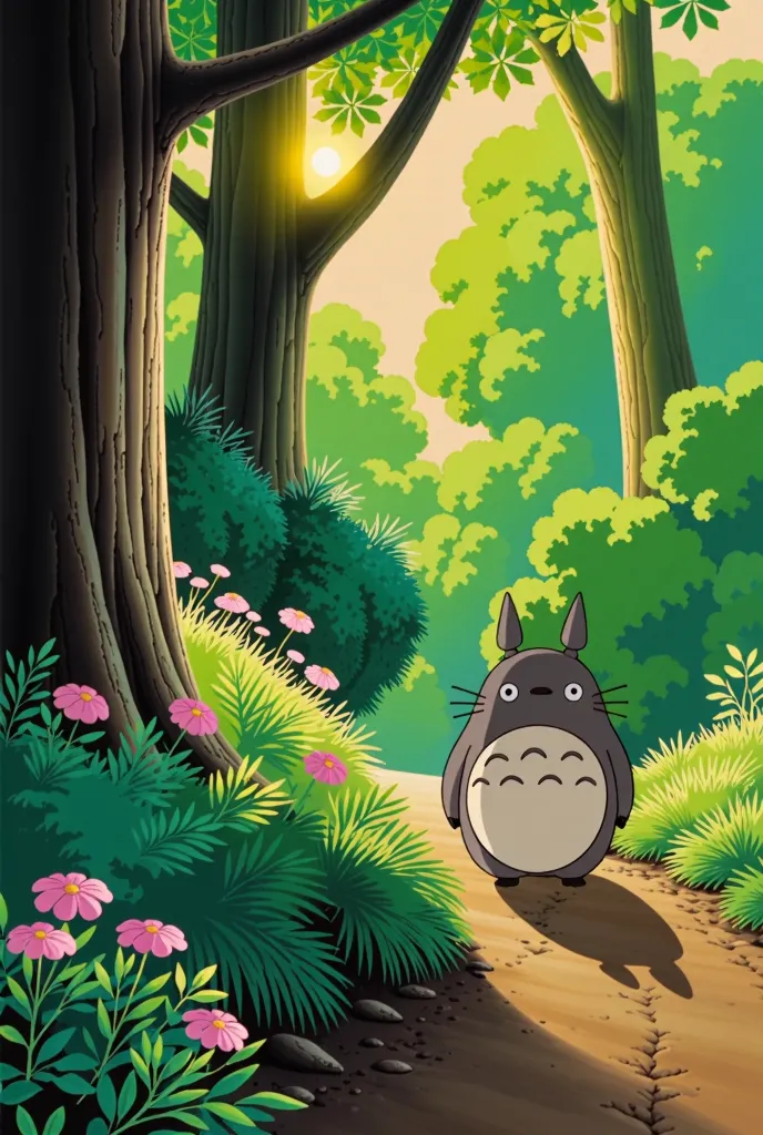 totoro from ghibli, in a forest with pink flowers, sunset