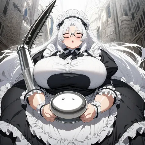 Anime, well detailed, maid, Chubby, maids couple, 1 woman, milf, big Breasts, , white hair, long long long hair, close eyes, glasses, holding a very large spiked-club in hands,  Paladins Night logo impring