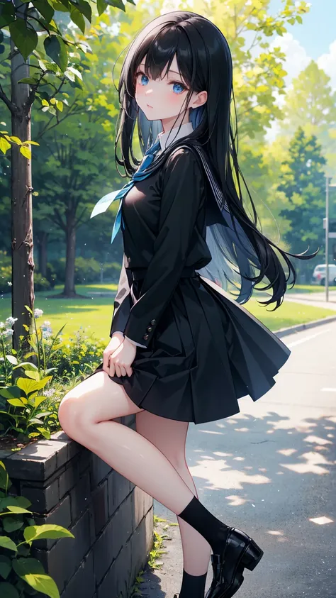  Long straight black hair , School Uniform,  Blue skirt， blue eyes，Black leather shoes，healthy skin, Outdoor scenery, Green leaves and blue sky, Bright natural light   ,   The sun shines in from the top left,  A warm and gentle atmosphere , Side Angle, Mod...