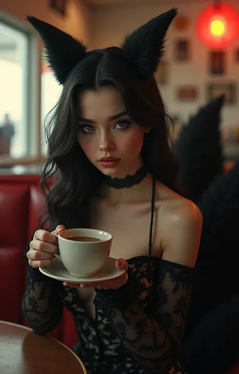  a lady kitsune with dark nine tails, with dark flowing hair, wearing 1940s dress with sexy dark eyes, sitting in a 1940s era  diner drinking coffee.