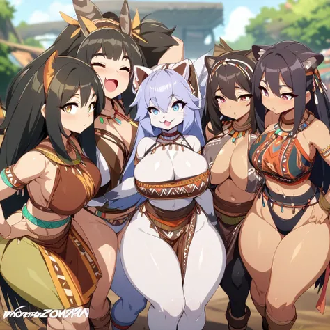 Anime, High detailed, furry girls, Wearing tribal clothes, multiple girls, girls surrounding, curvy body 