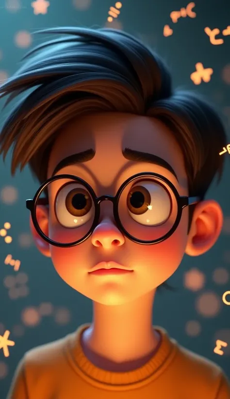 Create a Pixar-style close-up of Pablo, an 18-year-old nerdy boy with short brown hair, neatly combed, and wearing large round glasses that highlight his thoughtful, intelligent expression. His face shows a look of deep concentration, with his eyes slightl...