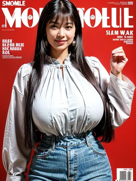 (asian Woman),(huge breasts:1.6),(((slim waist))),(she is wearing smock blouse:1.4),(black hair),(straight hair:1.5),(Earrings),(She has a naughty smile on her face),top-quality,masutepiece,8K,Photorealsitic,(fashion magazine’s cover:1.3),(cowboy shot)