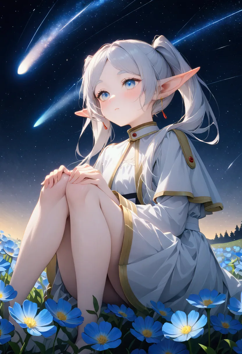 high image quality 、masterpiece、   high quality、full hd、4k、画面の半分以上をnight sky、 one girl sitting on the ground 、 view from below、p...