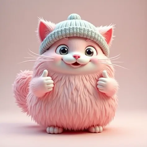 "Create a 3D art toy image of a long-haired cat with pink fur, a large head, and big gray eyes, wearing a pastel gray knitted hat. The cat has a smiling face and is giving a thumbs-up."
