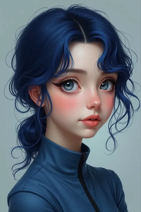  Create a human image of a 19-year-old with features of a person from England with navy blue hair, dark gray eyes, with blue clothes and white skin  