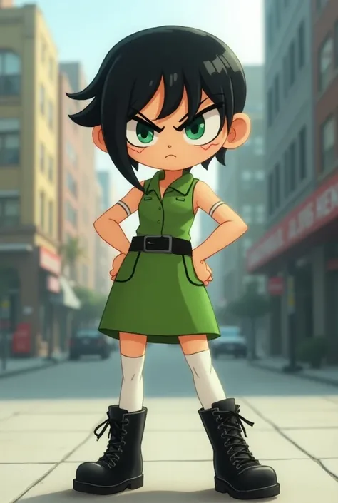 Create a realistic, detailed depiction of Buttercup from The Powerpuff Girls, adapted to a human-like form with an athletic and muscular physique. She should have her signature short black hair styled in a modern, slightly messy look, and her green eyes sh...