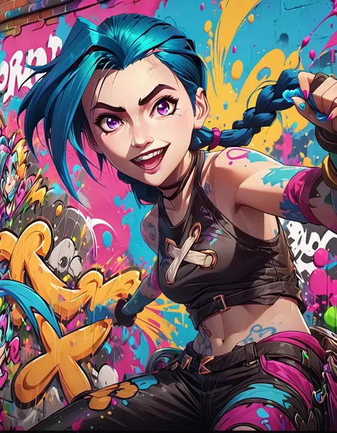 graffiti mural of jinx from league of legends, vibrant colors, dynamic pose, spray paint textures, doodle art style, highly detailed, vivid, hyper detailed, 4k