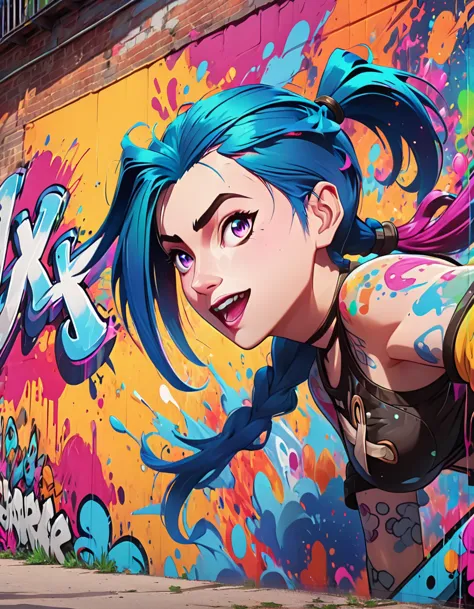 graffiti mural of jinx from league of legends, vibrant colors, dynamic pose, spray paint textures, doodle art style, highly deta...