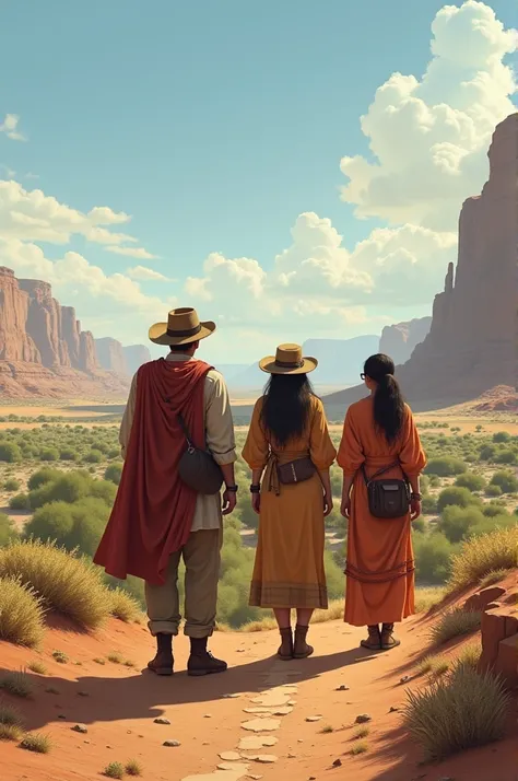  Make a Grown Man ,an adult woman,TWO Women And A Teenager
 These people have to be wearing travel clothes and looking at a landscape that begins in a desert and there is a garden in the distance. 