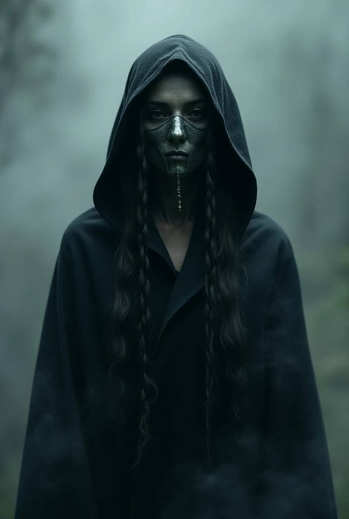 An Elf goddess linked to death , gray skin, empty eyes,  long braided hair ,  wears a hooded black robe ,  on her face a metallic mask with space for vision only for the eyes.  around her a dense putrid mist .