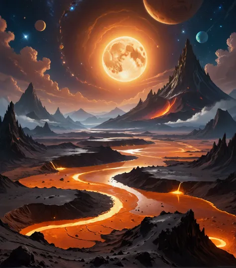 The scene depicts a vast, alien landscape under a star-studded sky. Dark, jagged mountains and craters stretch across the horizon, with a winding, golden river of light cutting through the terrain. Multiple moons and planets hang in the sky, creating a sen...