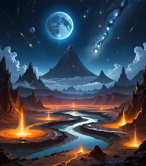 The scene depicts a vast, alien landscape under a star-studded sky. Dark, jagged mountains and craters stretch across the horizon, with a winding, golden river of light cutting through the terrain. Multiple moons and planets hang in the sky, creating a sen...