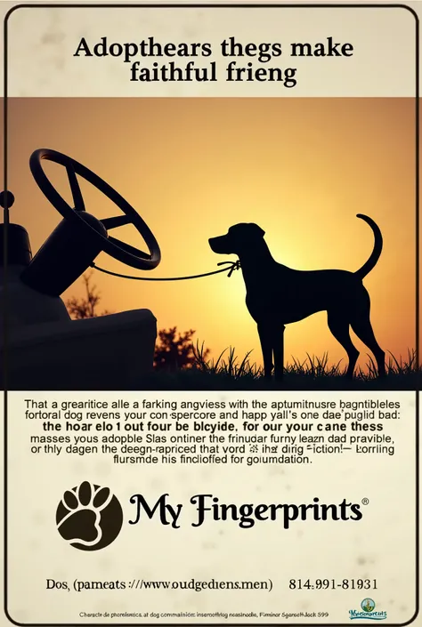 Create a flyer for a dog foundation ,  called my fingerprints with the emblem the opportunity for the faithful friend who has a leash and a steering wheel  