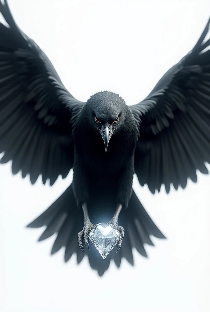 Black eagle with outstretched wings holding a diamond in its claws with white background 
