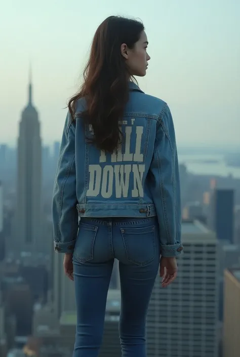  A beautiful girl looking sadly back is standing on the top of a building wearing very tight jeans and a denim jacket written on it "when I fall down" Write the sentence correctly 