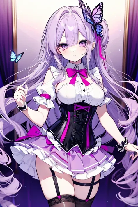 1 beautiful woman, long eyelashes, busty, mature-looking, bunny girl, cute, frills, ribbons, lace fabric, corset, light purple hair, butterflies, miniskirt