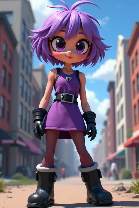 Create a realistic, detailed interpretation of Bunny from The Powerpuff Girls, adapted to a human-like form with a taller and more muscular build compared to her sisters, emphasizing her strength. She should have short purple hair with a slightly messy tex...