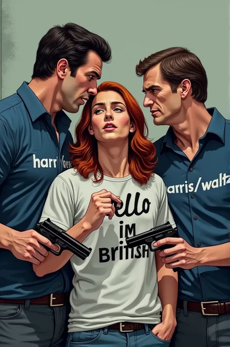 Two men wearing blue T-shirts with the words Harris/Waltz on them holding a gun at a Male with long red hair wearing a white T-shirt with words that read Hello Im British 