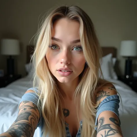 selfie, wink, cute baby-face woman, attractive and seductive expression, shy, blonde straight hair, forehead, skinny body, make-up, blue eyes, superlative body proportion, covered in tattoos, wearing loose knit shirt, tight denim short shorts, converse sne...