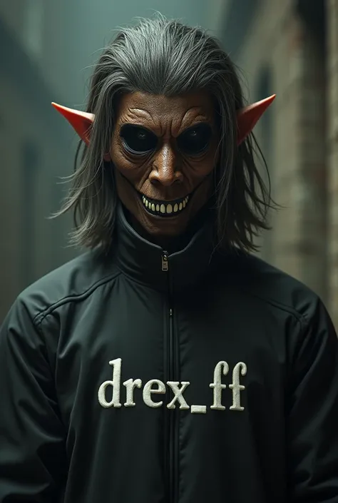 Male character with shoulder-length hair 
 Pointy with a brown mask with teeth in the middle and chest of the written command "drex_ff". 