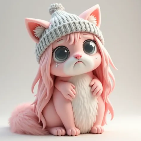 "Create a 3D art toy image of a long-haired cat with pink fur, a large head, and big gray eyes, wearing a pastel gray knitted hat. The cat has a crying face."