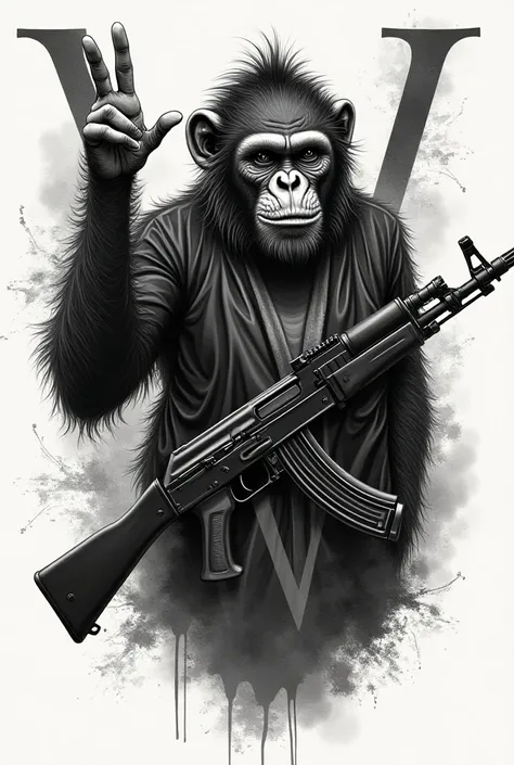 IMAGE THAT SERVES AS A TATTOO REPRESENTING W and AN AK47 gun and a monkey making the number 3 with his hand.The letter w must be highlighted 