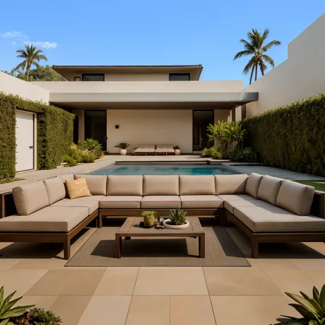 Create an ultra-high-definition (UHD), 4K, ultra-detailed, cinematic image of a modern, minimalist patio in a luxurious villa with a neutral, earthy color palette. The space features smooth, curved walls and creates a sense of elegance. Furniture: White ou...