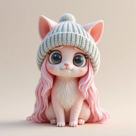 "Create a 3D art toy image of a long-haired cat with pink fur, a large head, and big gray eyes, wearing a pastel gray knitted hat. The cat has a crying face."