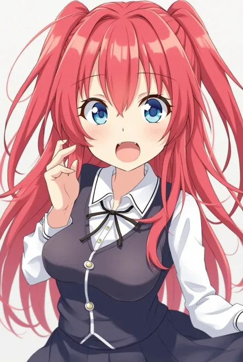 Heaven and Hell, rias,  1girl, One, long_hair, breast,  open _mouth, bang, skirt, big_ breast,  shirt , tape, hair_between_eyes, Very_long_hair, school_ uniform , blue_eyes, white_ shirt , ahoge, коmouthкий_sleeves, red_hair, brilliant_hair, neck_tape, ria...