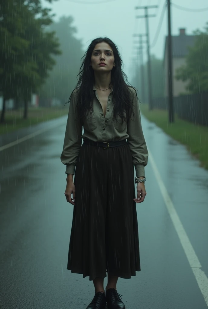  Woman in the middle of the road with black hair logos  , she looks scared and afraid  ,She is drenched in the falling rain  , and clothes and clothes are from a stay in the 1920s