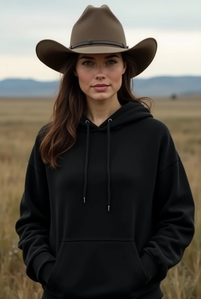 Create a woman with a straight front body , wearing a basic black hoodie without a ,  print on a Yellowstone ranch with an ultra-realistic country hat remember that it has to be in the front because Im going to put a print on the sweatshirt